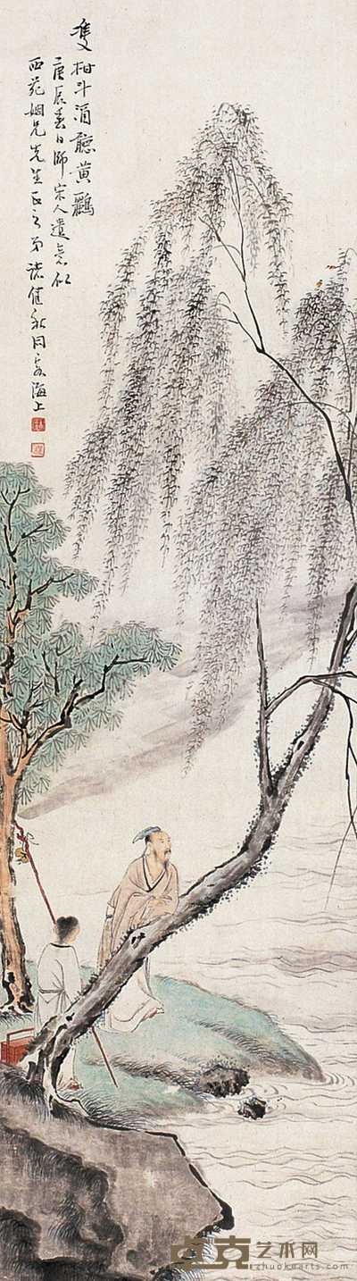 诸健秋 柳阴觅诗图 轴 113×32cm